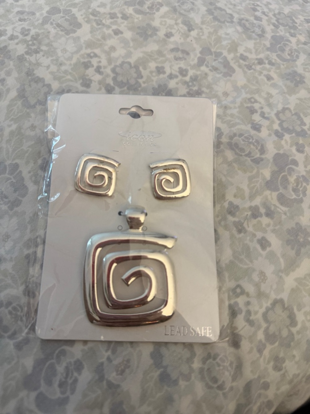 Silver Spiral Square Pendant & Stud Earrings Set